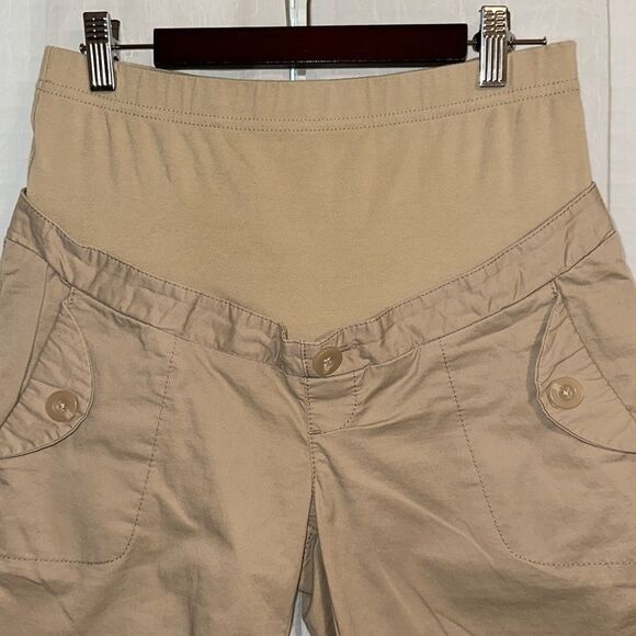 ON XS Full Panel Waist Tan Cotton Maternity Stretch Bermuda Shorts - Picture 3 of 12
